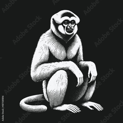Monochrome illustration of a white-handed gibbon sitting attentively.