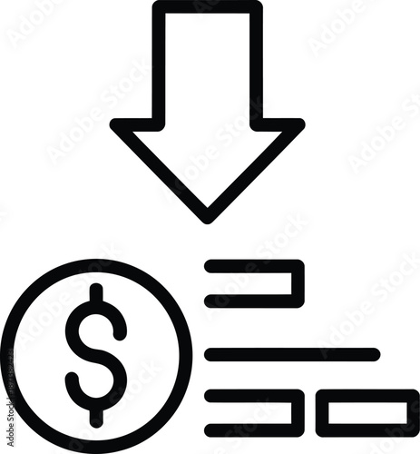 Downward pointing arrow overlays a dollar sign coin next to a descending bar chart illustrating cost reduction or loss.