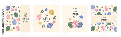 Collection of Easter greeting cards with decorated eggs, floral wreaths, and spring blossoms in pastel colors. Modern minimalist designs for festive greetings and social media.