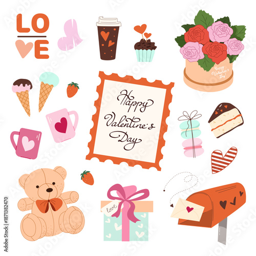 Collection of romantic icons including a teddy bear, gift, mailbox, roses, and various sweets. Elegant modern illustrations for Valentine's Day cards and decor. Isolated on white background.