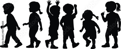 Group of happy children silhouettes walking, jumping, and playing together isolated on white background for kids activity and childhood concept