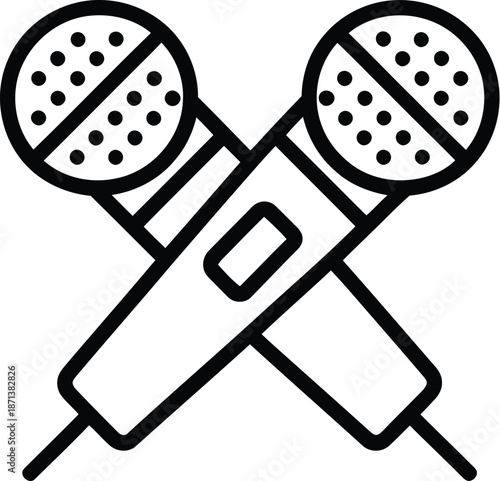 Two stylized professional microphones are crossed over each other forming an X shape in a simple black outline.