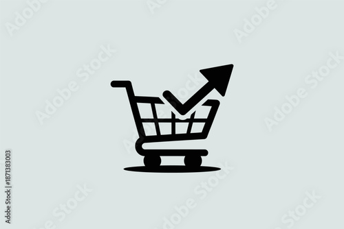 Shopping cart icon features an upward trending arrow indicating successful online purchase growth.