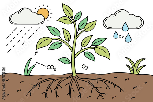 Simple of Plant Photosynthesis Process with Sunlight Carbon Dioxide and Oxygen