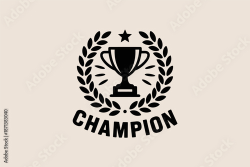 Black and white champion trophy icon is encircled by a laurel wreath with a single star above the award.
