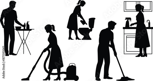 House cleaning people silhouette illustration set, men and women doing household chores, black human figures for domestic service, hygiene, and home care design concepts