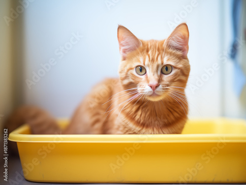 A compliant cat. Potty training your animal. rests in a litter box indoors. 