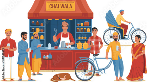 Indian street chai wala tea stall illustration showing local people drinking tea daily life culture tradition and urban roadside scene
