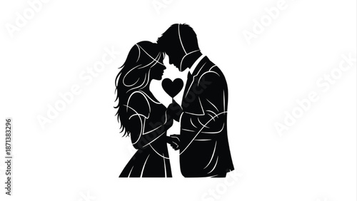 Romantic Couple Silhouette Holding Heart Minimal Love Illustration on White Background, Valentines's