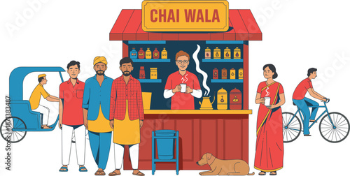 Indian street chai wala tea stall illustration with local people daily life culture roadside tea shop urban scene