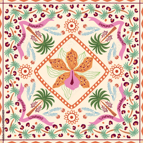 Tropical tile, scarf, square seamless pattern with jungle leaves, palm tree, tropical flower orchid, stripes, geometric elements, summer vacation print. Vector background, Hawaii beach textile design.