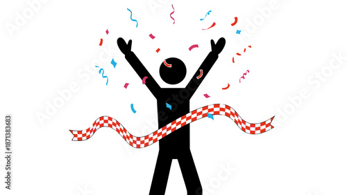 Silhouette of a person celebrating with confetti and ribbon.