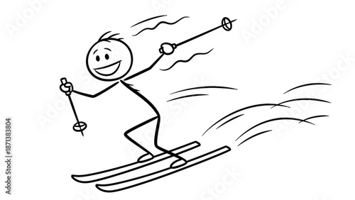 Simple stick figure illustration of a person skiing down a slope.