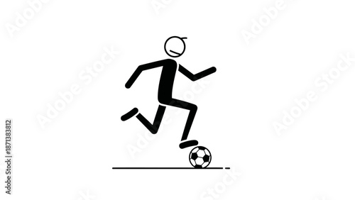 Simple black and white stick figure kicking a soccer ball.