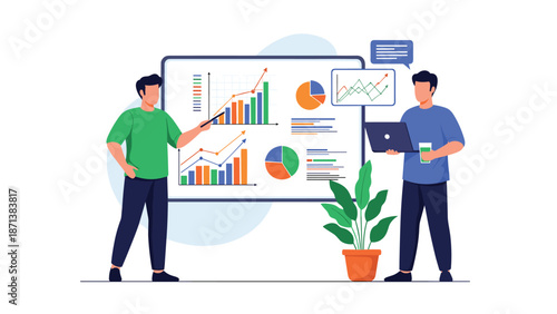 Two men analyzing business data on a presentation board