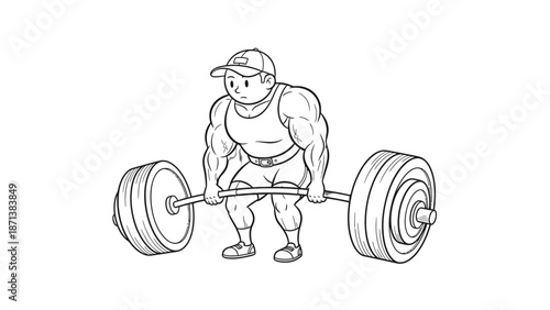 Illustration of a muscular man lifting a heavy barbell with weights.