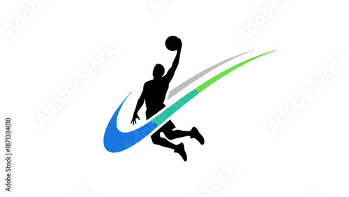 Silhouette of a basketball player in mid-air dunking.