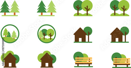Nature park landscape icons set with trees forest house bench green flat vector illustration collection