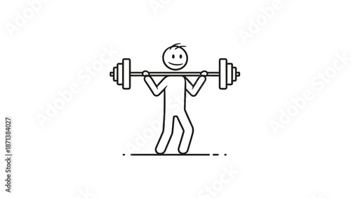 Simple line drawing of a person lifting weights with a smiley face.