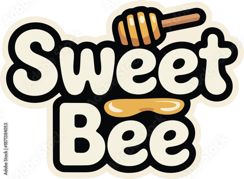 Sweet bee honey badge design with wooden dipper and bold typography vector illustration