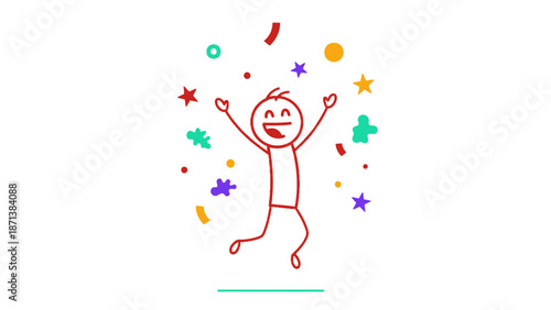 Simple stick figure celebrating with confetti and stars.