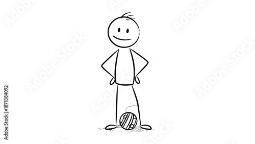 Simple stick figure illustration of a smiling person standing with a soccer ball.