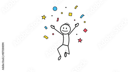 Simple stick figure illustration of a person jumping with joy surrounded by colorful shapes and stars.