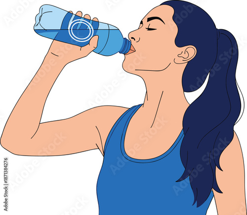 Athletic woman drinking water from bottle, healthy hydration and fitness lifestyle concept, sports wellness illustration, clean modern flat vector design