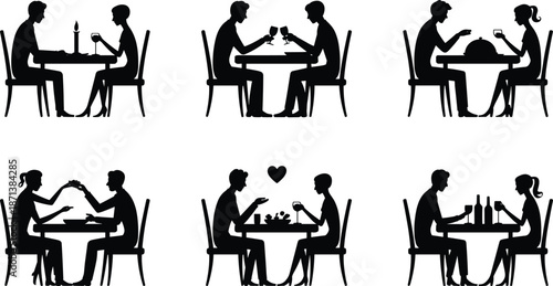 Romantic couple dinner silhouette collection showing man and woman dining, wine toasting, candlelight date scenes for Valentine romance design