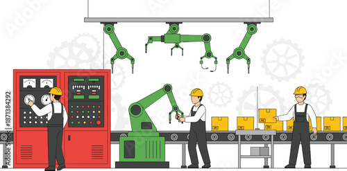 Automated factory production line with robotic arms and workers, industrial manufacturing process concept, modern smart factory flat vector illustration