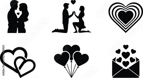 Romantic love silhouette icon set with couple hugging, marriage proposal, heart shapes, balloons and Valentine envelope design