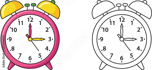 Cute cartoon alarm clock illustration set showing colorful and outline versions, classic ringing clock design isolated on white background