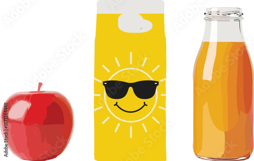 Apple fruit with smiling juice carton and glass bottle, fresh beverage concept, healthy drink illustration, minimal colorful flat vector design
