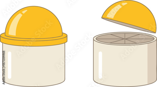 Cute cosmetic cream jar illustration with yellow lid showing closed and open container design for skincare packaging isolated on white background