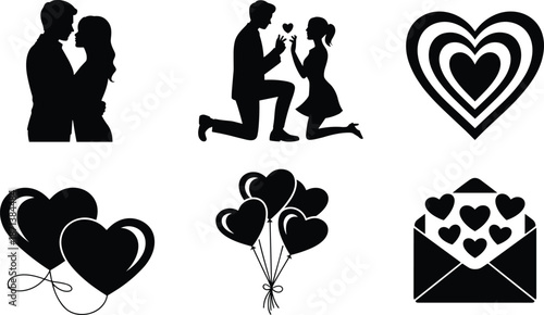 Romantic love silhouette icon set with couple kissing, proposal scene, heart symbols, balloons and Valentine envelope illustration design