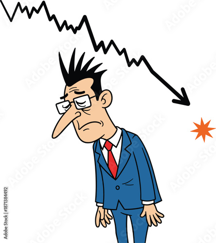 Depressed businessman with falling chart arrow, financial crisis and economic downturn concept, stress and failure illustration, simple cartoon vector design