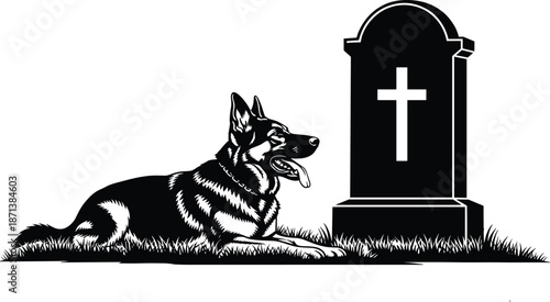 Loyal dog resting beside grave with cross, pet loss and remembrance concept, grief and memorial illustration, dramatic black and white vector art