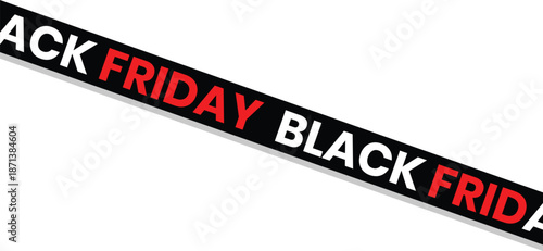 Black Friday sale ribbon banner vector. Diagonal promo tape with bold discount typography. High contrast design for retail advertising.
