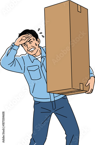Overworked delivery man carrying heavy box, physical strain and workplace injury risk concept, manual labor stress illustration, simple cartoon vector design