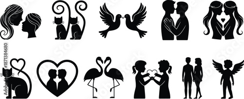 Romantic love silhouettes set featuring couples, cats, birds, angels and hearts for valentine, wedding, relationship vector collection