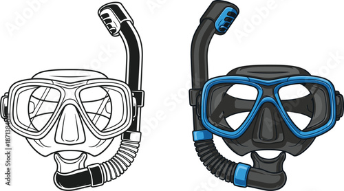 Snorkel diving mask set in outline and color, underwater swimming equipment concept, ocean adventure gear illustration, clean flat vector design
