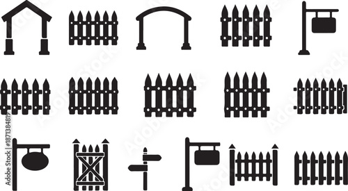Black silhouettes of various fences and gates white background