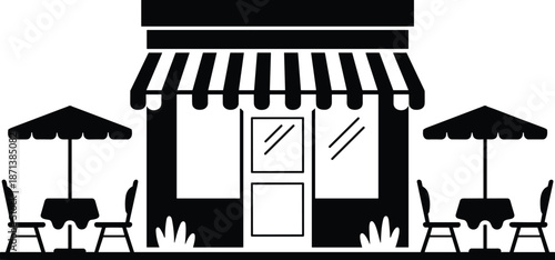 Shop storefront silhouette illustration with striped awning and outdoor cafe seating, simple black retail store exterior icon for business, restaurant, and urban design concepts