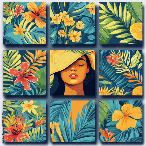 Tropical set for summer design. Girl in a hat. Sunny jungle.