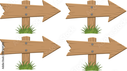 Wooden direction signboard arrow set with grass rustic wood texture outdoor navigation flat vector illustration collection