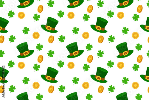 Seamless vector pattern featuring leprechaun hats, gold coins, and four leaf clovers, perfect for St Patrick’s Day designs, festive backgrounds, wrapping paper, textiles, and holiday themed decor.