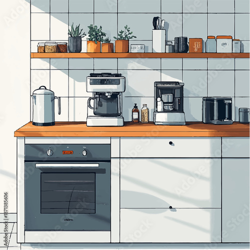 modern kitchen interior. A modern kitchen with a minimalist design. The image shows a light-colored kitchen unit with smooth cabinetry, and the countertop displays appliances and kitchen utensils.