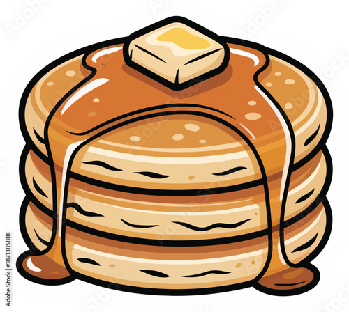 Fluffy pancakes stack sticker with butter and syrup breakfast food vector illustration