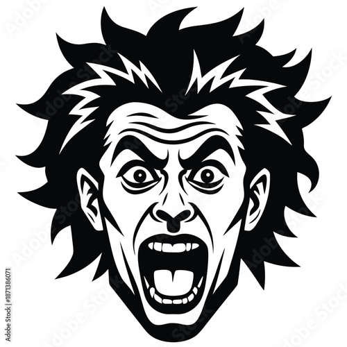 A man with a beard and messy hair is screaming in a crowded city street