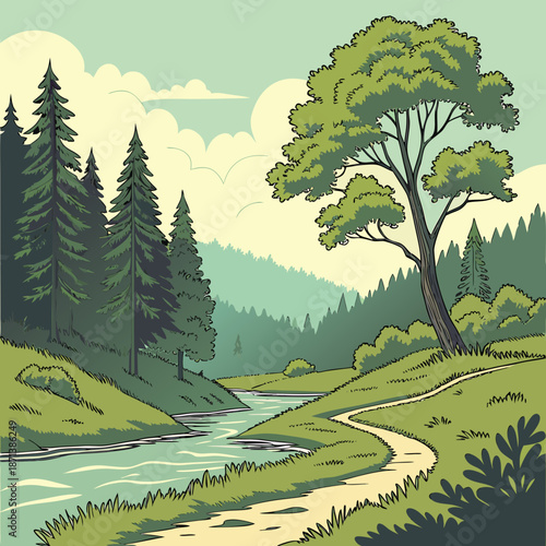 Serene forest trail by river